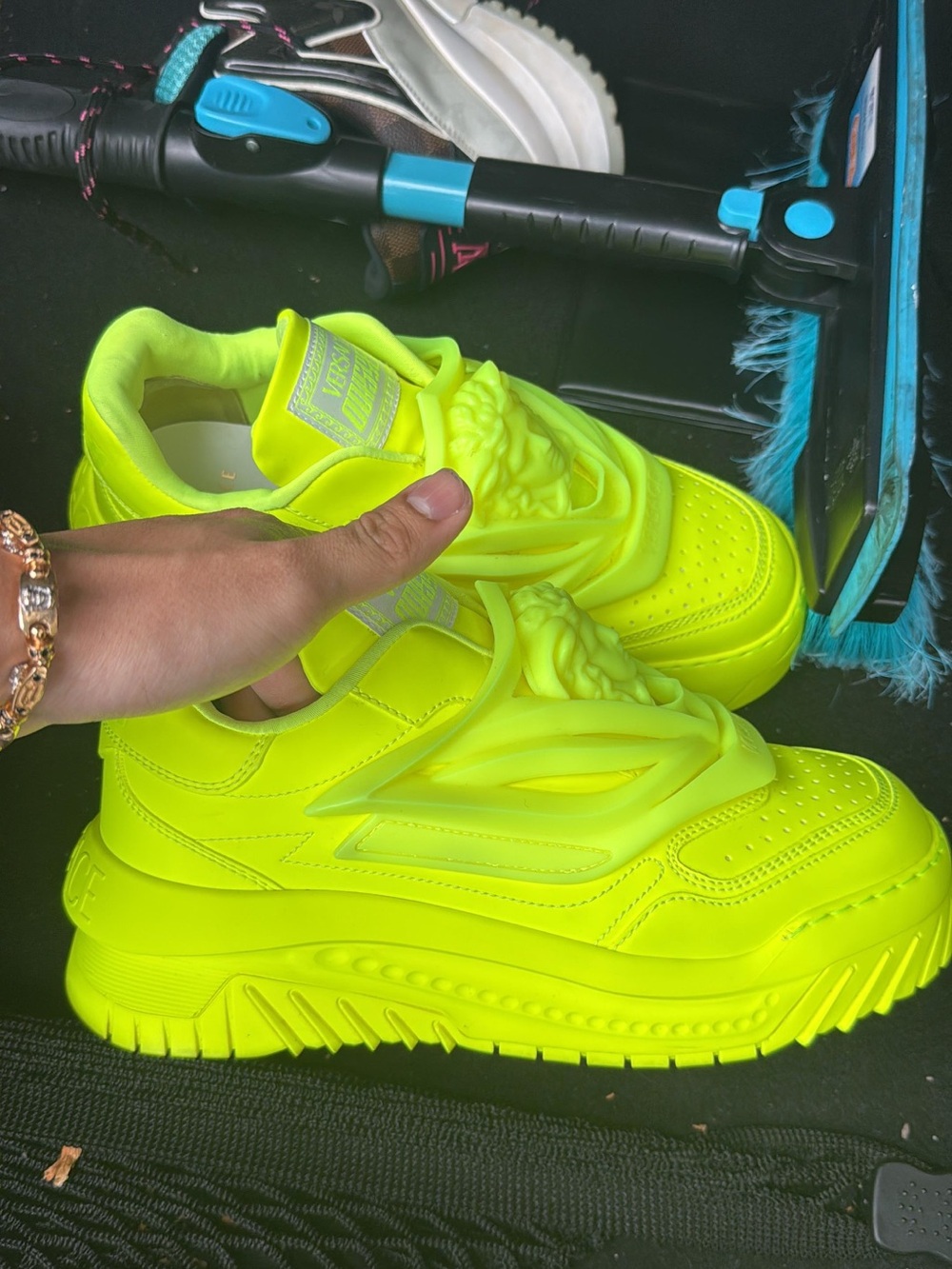 Versace Neon Yellow Chain-Trim Men's Sneakers